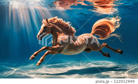 stunning art with red horse diving in ocean and bathing in sun rays. Digital artwork. Ai generated stunning art with red horse diving in ocean and bathing in sun rays. Digital artwork. Ai generated 122012949