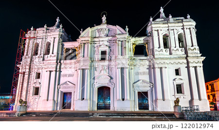 Cathedral of the Assumption of Mary in Leon at night. UNESCO world heritage in Nicaragua 122012974