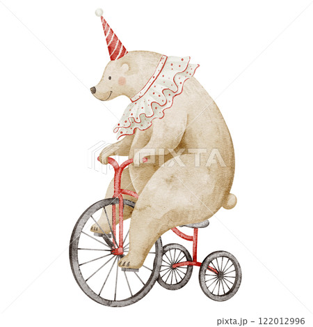 Watercolor illustration of a Circus bear wearing a festive hat and ruffled collar, riding a Tricycle. Cute animal with bike for childish greeting cards or baby shower invitations. Drawing for kids. 122012996