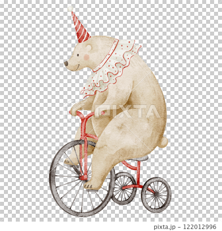 Watercolor illustration of a Circus bear wearing a festive hat and ruffled collar, riding a Tricycle. Cute animal with bike for childish greeting cards or baby shower invitations. Drawing for kids. 122012996