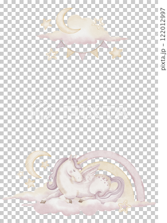 Watercolor illustration with Unicorn surrounded by stars and a rainbow in soft pastel colors. Template for baby shower greeting cards and childish frames. Art for nursery poster with cute little horse 122012997
