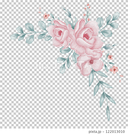 Watercolor floral composition with pink Flowers and green leaves. Illustration for wedding invitations or childish greeting cards. Botanical drawing in pastel colors. Corner with plant for frame. 122013010