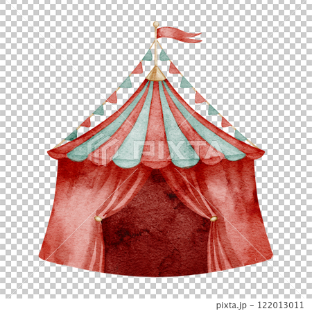 Watercolor illustration of a classic vintage Circus Tent with red and green stripes, bunting, and a festive flag. Drawing of carnival big top for children greeting cards or retro baby party invitation Watercolor illustration of a classic vintage Circus Tent with red and green stripes, bunting, and a festive flag. Drawing of carnival big top for children greeting cards or retro baby party invitation 122013011