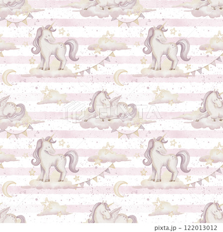 Watercolor seamless pattern with Unicorns, clouds, stars, and crescent moons. Illustration for baby shower decorations, nursery wallpapers, or children textile. Magical background for girls. 122013012
