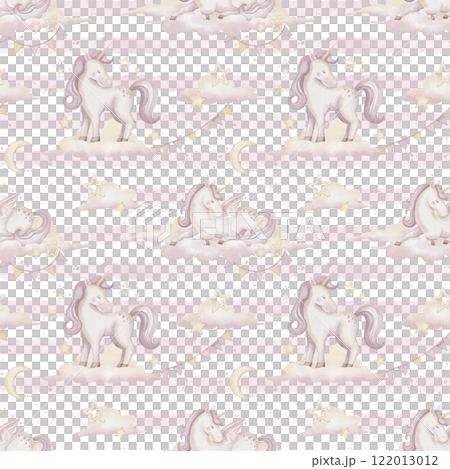 Watercolor seamless pattern with Unicorns, clouds, stars, and crescent moons. Illustration for baby shower decorations, nursery wallpapers, or children textile. Magical background for girls. 122013012
