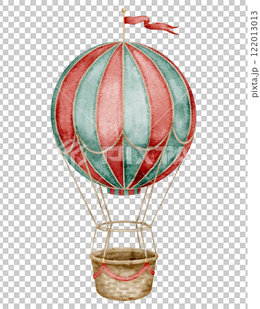 Watercolor illustration of vintage hot air Balloon in red and green with a wicker basket. Drawing of retro airship for Circus design. Art of aerostat for Carnival decoration or childish greeting cards Watercolor illustration of vintage hot air Balloon in red and green with a wicker basket. Drawing of retro airship for Circus design. Art of aerostat for Carnival decoration or childish greeting cards 122013013