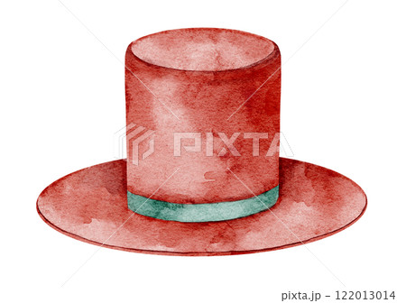 Watercolor vintage Circus top Hat in red with a green ribbon on isolated background. Drawing of headwear with brim for Carnival themed designs. Art for Circus design. 122013014