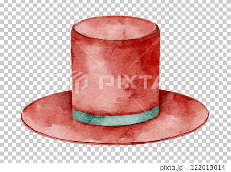 Watercolor vintage Circus top Hat in red with a green ribbon on isolated background. Drawing of headwear with brim for Carnival themed designs. Art for Circus design. 122013014