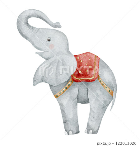 Watercolor painting of a Circus Elephant with red saddle. Illustration of carnival animal for Baby shower greeting cards or childish invitations. Drawing of vintage art for kids nursery walls. 122013020