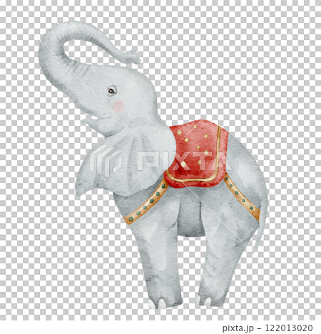 Watercolor painting of a Circus Elephant with red saddle. Illustration of carnival animal for Baby shower greeting cards or childish invitations. Drawing of vintage art for kids nursery walls. 122013020
