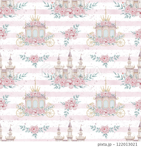Seamless watercolor Pattern with Princess Carriage and Floral Castle on striped background. Illustration for little girls in pastel pink colors. Ornament with Flowers for wrapping paper or wallpaper. 122013021