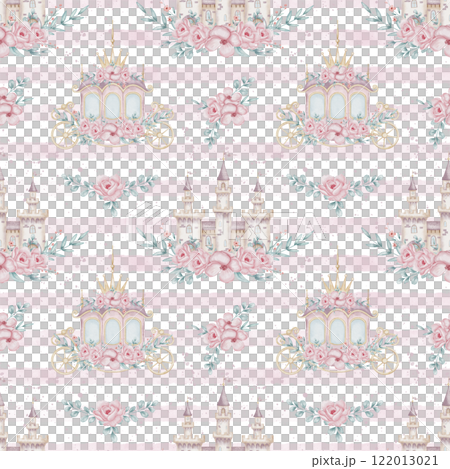 Seamless watercolor Pattern with Princess Carriage and Floral Castle on striped background. Illustration for little girls in pastel pink colors. Ornament with Flowers for wrapping paper or wallpaper. 122013021