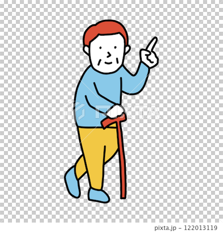T字杖を持ち、人差し指を立てるシニア男性のイラスト 122013119