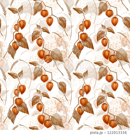 Seamless pattern physalis orange branch with leaves and buds and spikelets of wheat and splashes.Decorative plant element for pumpkin harvest festival and Thanksgiving day.With transparent background 122013338