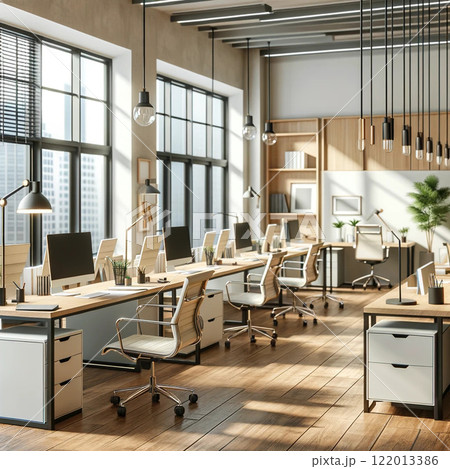 近未来的デザインのオフィス家具が並ぶハイテク空間 122013386