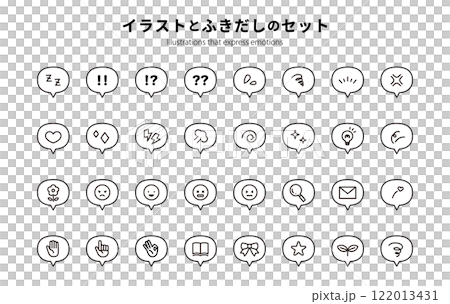 ふきだしと飾りイラストのセット　装飾　キラキラ　線画　ハート　感情表現　素材　かわいい　ベクター 122013431