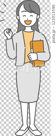 一位年輕女商人/老師拿著文件並握拳的全身插圖 122013590