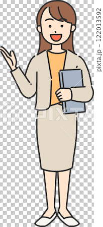 一位年輕女商人/老師用筆記型電腦指導的全身插圖 122013592