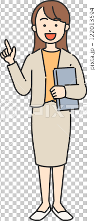 Full-body illustration of a young businesswoman/teacher holding a laptop and pointing 122013594