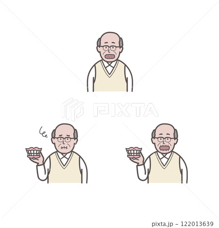 高齢男性と入れ歯のイラストセット 122013639