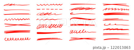 Red marker underline brush stroke set. Marker red pen highlights squiggle stroke. Vector swoosh brush handwritten underline set for accent, pencil emphasis element. Vector Red marker underline brush stroke set. Marker red pen highlights squiggle stroke. Vector swoosh brush handwritten underline set for accent, pencil emphasis element. Vector 122013863