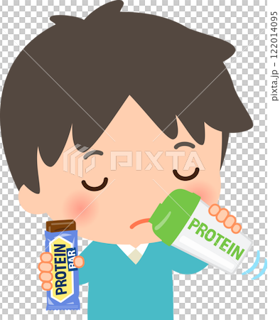 Man drinking a protein shake and eating a protein bar Man drinking a protein shake and eating a protein bar 122014095