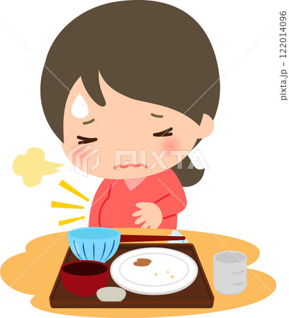 食事を完食後に食べ過ぎで苦しむ女性 食事を完食後に食べ過ぎで苦しむ女性 122014096