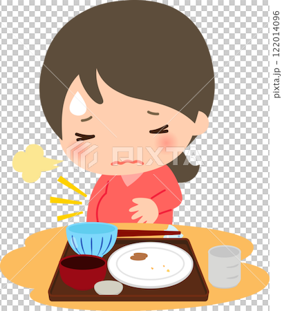 A woman suffering from overeating after finishing a meal 122014096