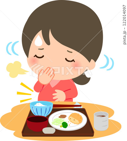 満腹で苦しくなり食事を残す女性 122014097