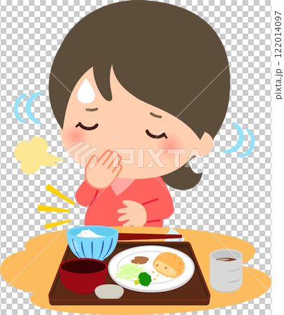 満腹で苦しくなり食事を残す女性 122014097