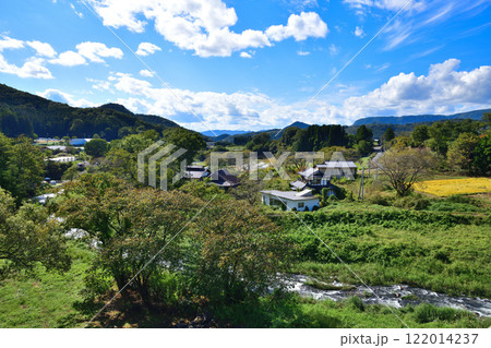 ふれあい橋から初秋の眺め　田園風景　薄根川　利根郡川場村　　 122014237