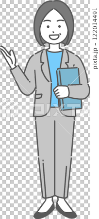 A full-body illustration of a veteran businesswoman/teacher guiding with a laptop 122014491