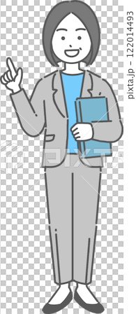 Full-body illustration of a veteran businesswoman/teacher holding a laptop and pointing 122014493