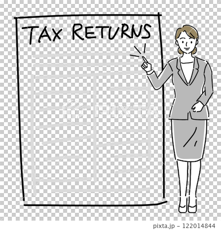 A rough hand-drawn line drawing of a woman giving guidance on filing tax returns A rough hand-drawn line drawing of a woman giving guidance on filing tax returns 122014844