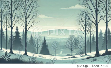 静寂な冬の森と遠くの山々 122014890