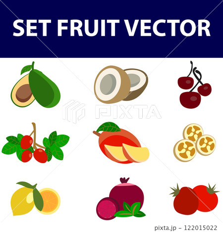 Set of colorful cartoon fruit, avocado, mangosteen, Dragon fruit, grape, durian, passion fruit, mango,date palm,guava isolated on whitebackground 122015022