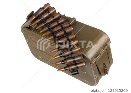 Ammo box with ammunition belt and 7.62 mm cartridges for kalashnikov PK or PKM machine gun isolated on white. 122015200