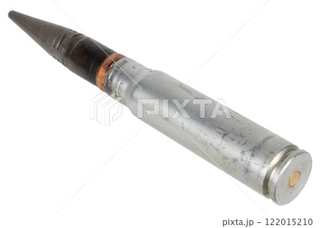 30 mm armor piecing round for automatic canon from infantry fighting vehicle BMP-2 used by the former Soviet Union. Isolated on white. 122015210