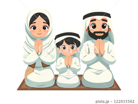 Muslim family, father, mother, and child dressed in traditional attire including hijab, kneeling together on prayer rugs as they perform their prayers. 122015502