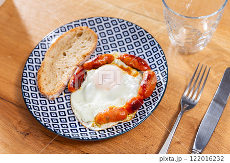Breakfast of grilled chorizo sausages, fried egg and bread 122016232