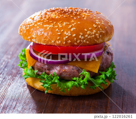 Hamburger with cheese, tomatoes, onion 122016261