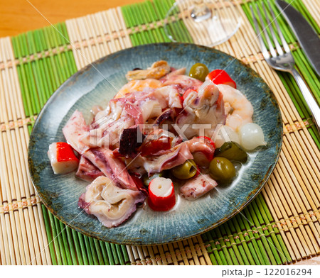 Spanish seafood salpicon - cold salad from mix of seafood and vegetables Spanish seafood salpicon - cold salad from mix of seafood and vegetables 122016294
