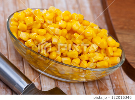 Closeup of appetizing boiled corn on plate Closeup of appetizing boiled corn on plate 122016346