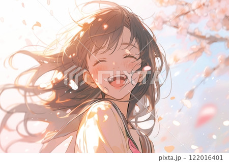 サクラと笑顔の女の子イラスト「AI生成画像」 122016401