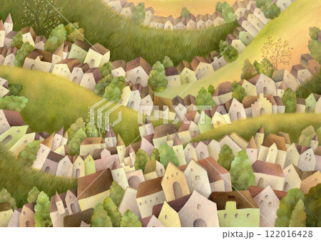 水彩絵の具で描いた、たくさんの家が並ぶ風景のイラストレーション 122016428