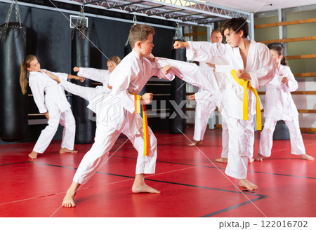Boys and girls in kimono sparring together 122016702
