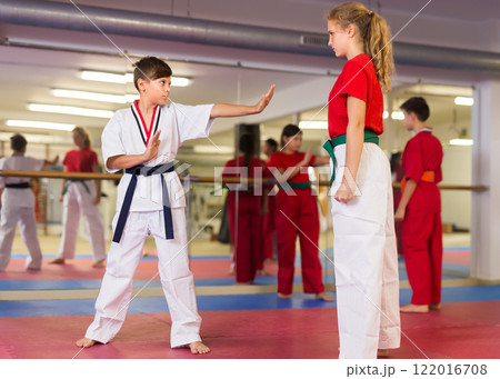 Karate kids training in gym 122016708