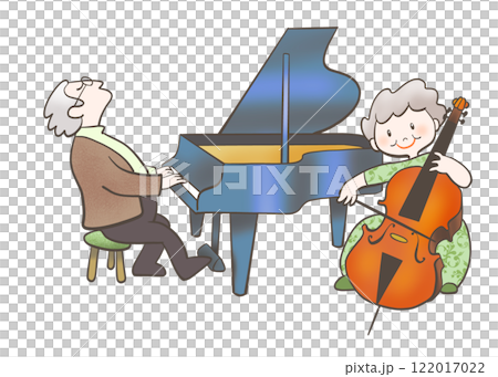 An illustration of two seniors happily playing together on piano and cello An illustration of two seniors happily playing together on piano and cello 122017022