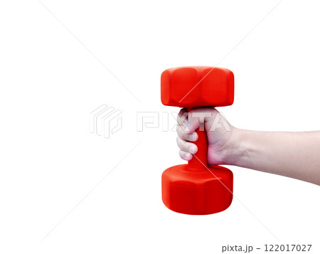 A person's hand holds a red dumbbell. A person's hand holds a red dumbbell. 122017027