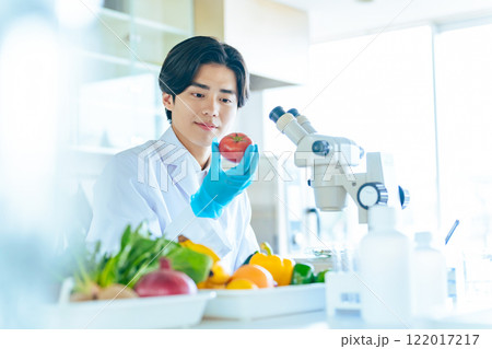 野菜や果物をチェックする研究者 野菜や果物をチェックする研究者 122017217
